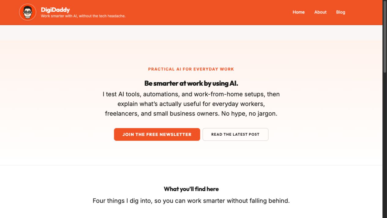 DigiDaddy homepage, a practical AI blog for everyday work